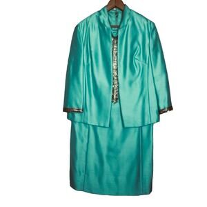 Vintage 60s Size Medium Mod Aqua Shantung Dress Jacket Suit Set Silver Beading